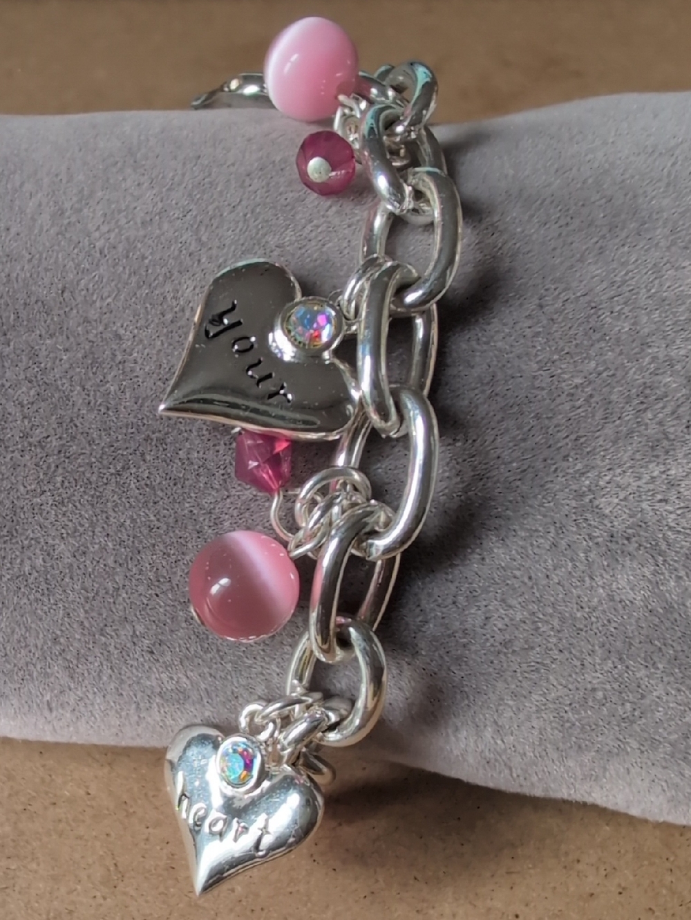 Silver Heart Charm Bracelet with Pink Beads